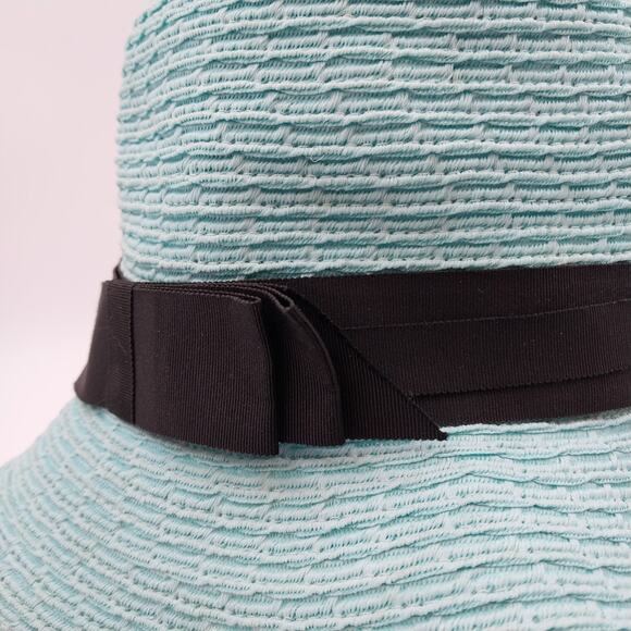 Rike's Light Blue Teal Woven Paper Straw Summer Hat with Black Ribbon Bow Accent - Picture 2 of 10